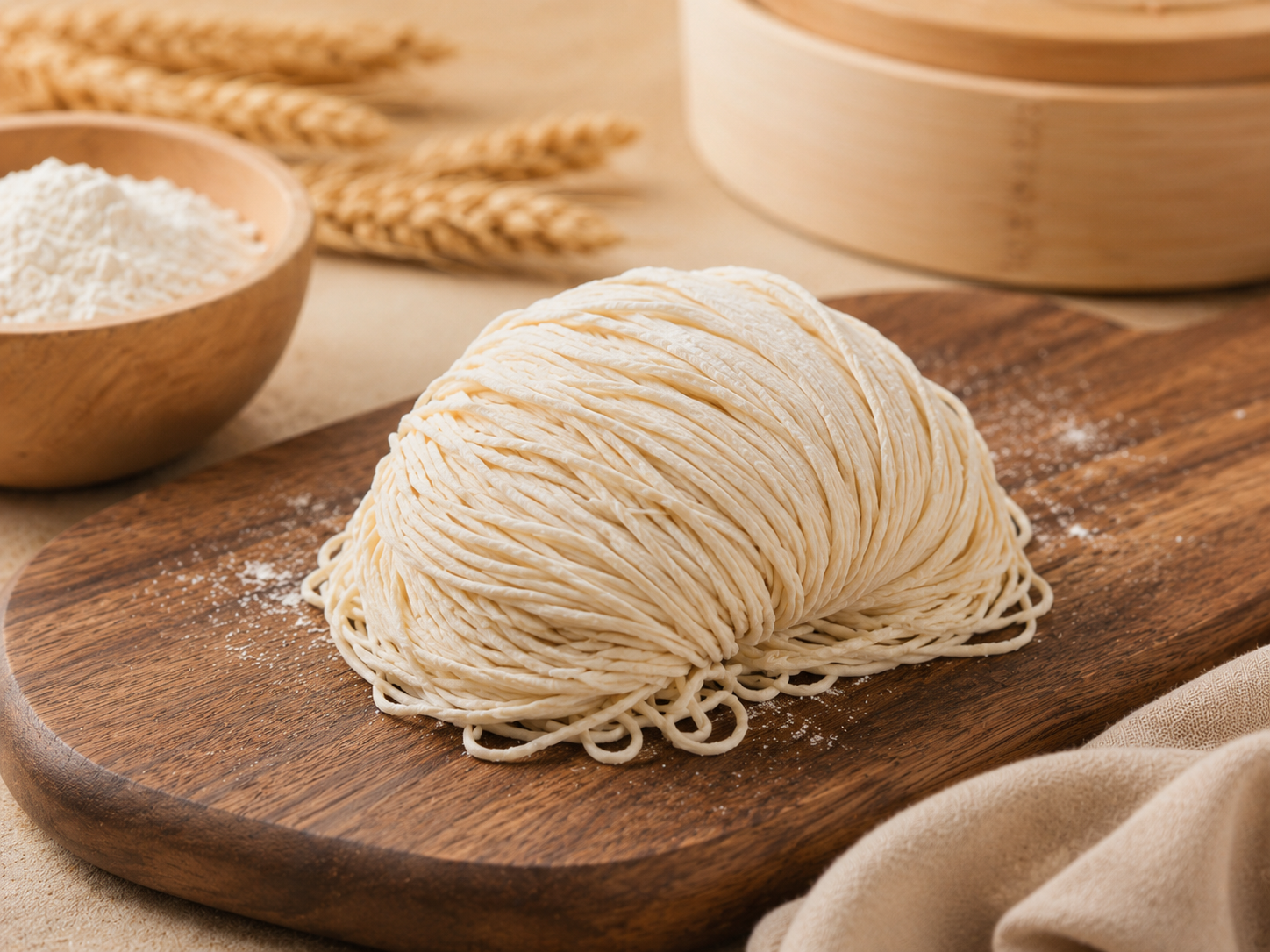 Foto mie pangsit original GoldMie di atas talenan kayu